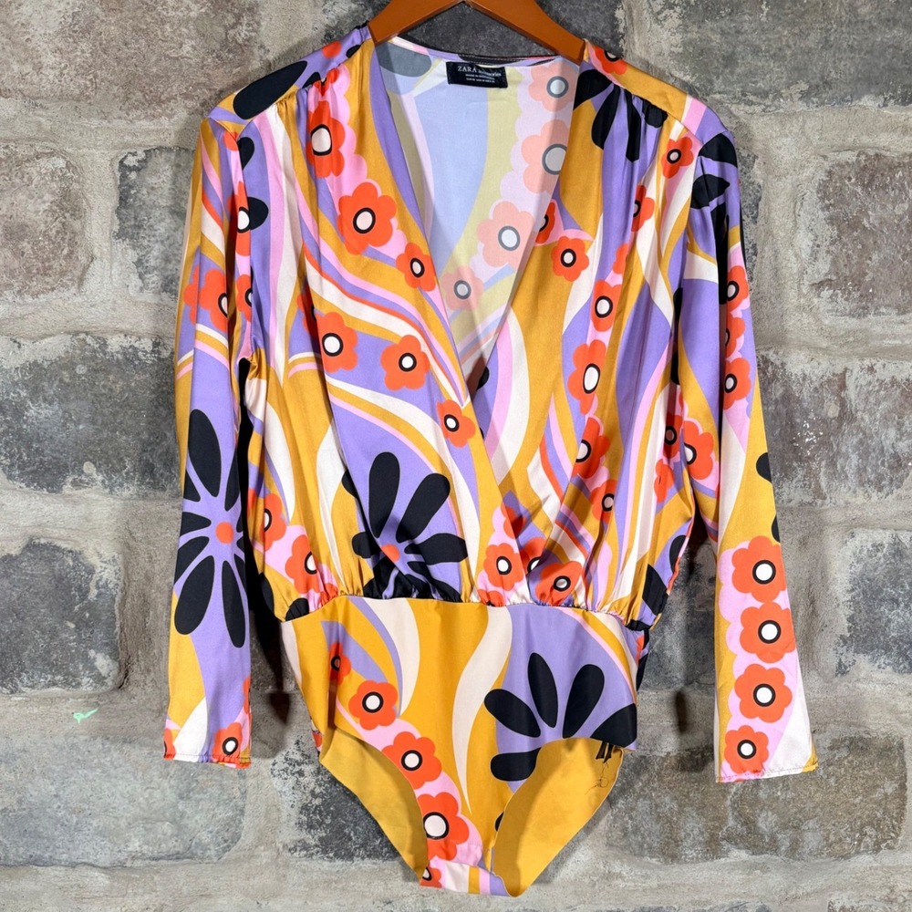 ZARA Accessories Retro Floral Print‎ Long Sleeve Wrap Bodysuit Women's Medium